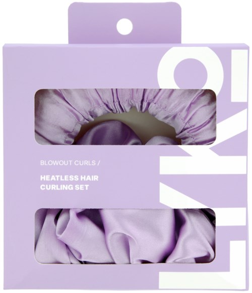 Purple packaging with two hair curlers visible inside. Text says "Heatless Hair Curling Set" and "Blowout Curls."