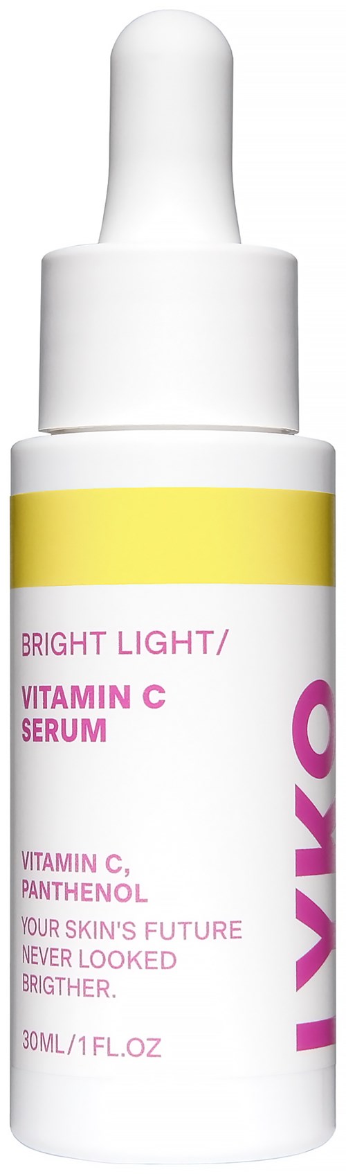 Een klein witte fles met pipet, label 'Vivo Bright Light Vitamin C Serum,' met roze en gele accenten.