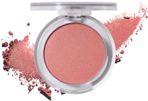 Ett rosa rougekompakt med puder som ströts runt det på en vit bakgrund.