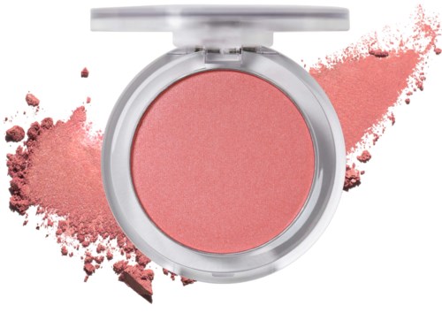 Ett rosa rougecompact med puder som spridits runt det och ett tydligt lock ovanpå.