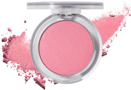 En rund rosa blush i en silverfärgad dosa med rosa puder som sprids bakom.