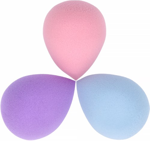 Drei pastellfarbene Make-up-Schwämme in einer Dreiecksform.