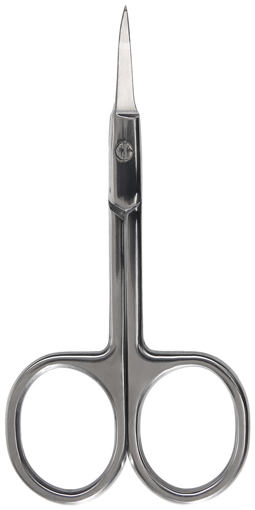 Een kleine metalen chirurgische schaar met scherpe punten en twee vingerringetjes.