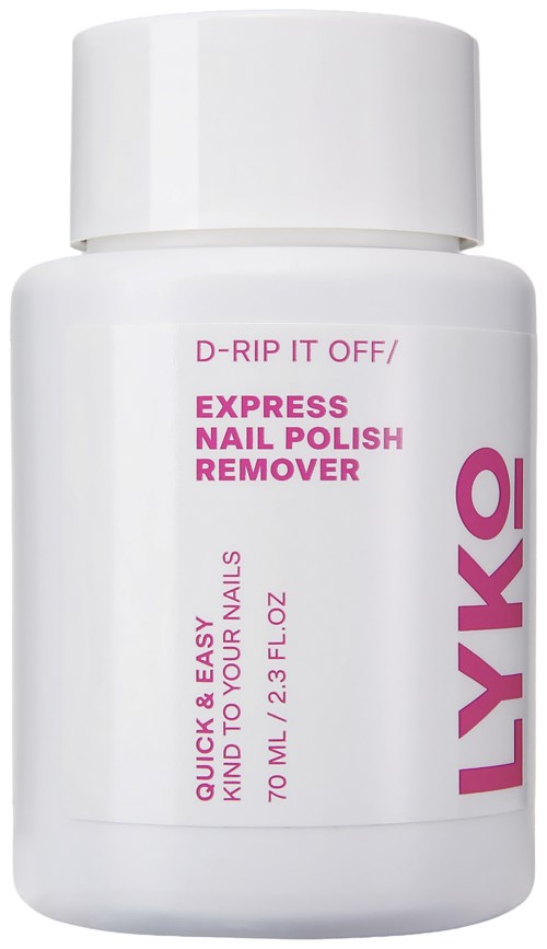 A white bottle of YKO nail polish remover with pink text, mentioning quick and easy use, with a twist-off cap.