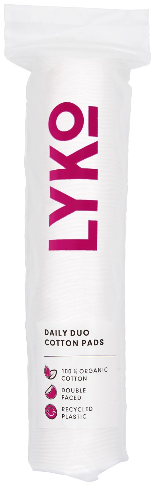 Cotton pads in a cylindrical container with bold pink and black text highlighting eco-friendliness and organic materials.