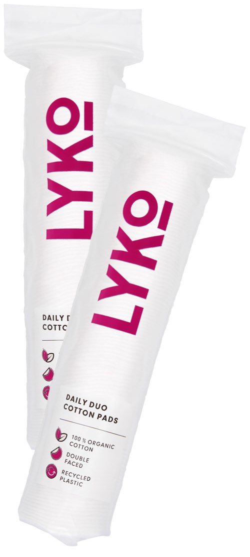 Two white tubes with bold pink LYKA! logo, labeled as daily cotton pads, indicating organic and recyclable materials.