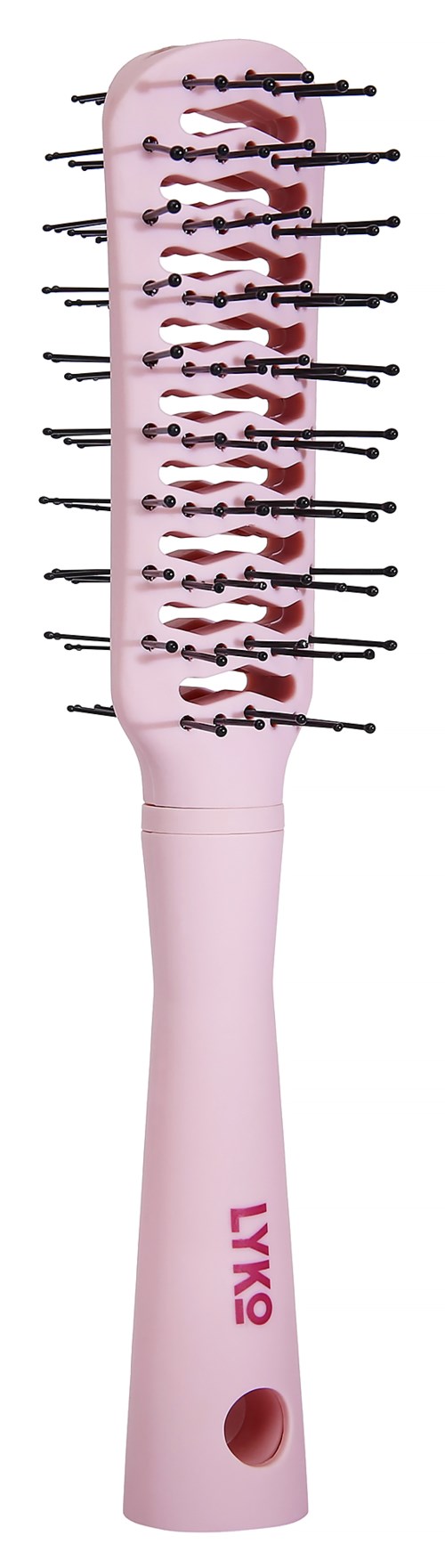 Een roze haarborstel met zwarte en bruine haarspelden erin. Het handvat zegt "LYKO."