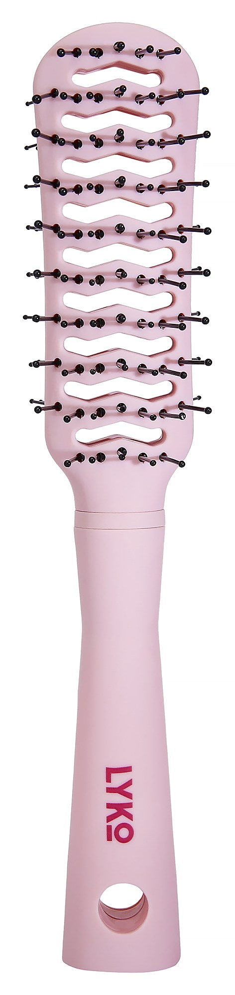 Roze haarborstel met zwarte borstelharen en een patroon van kleine zwarte stippen, met 'LYX' op het handvat.