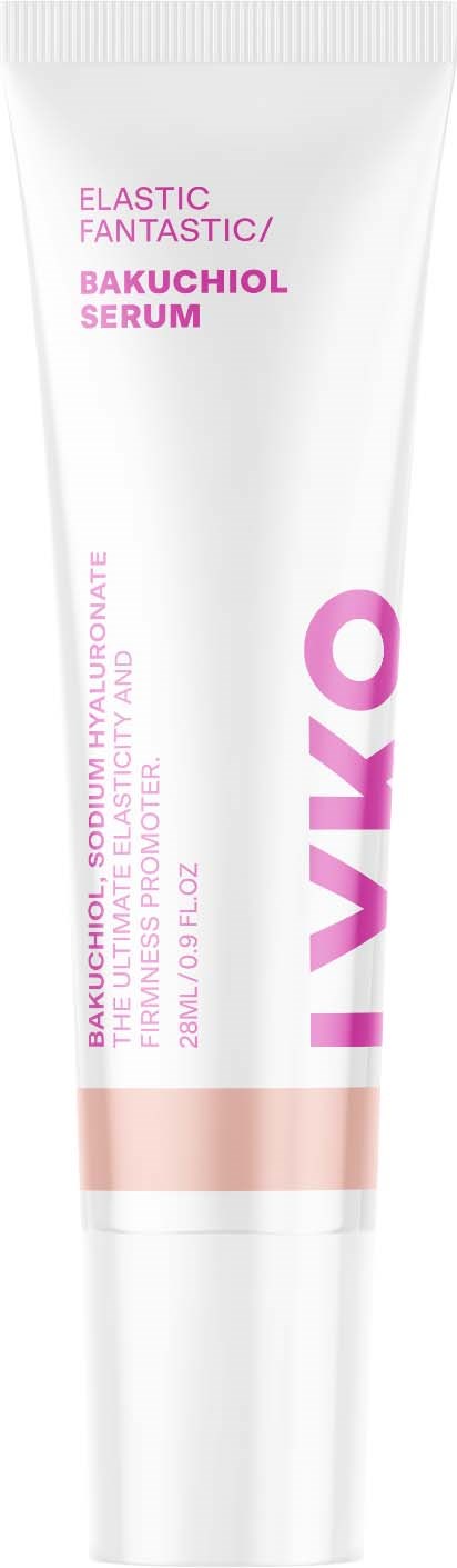 Een witte tube gezichtsserum met roze en paarse tekst, label zegt "Elastic Fantastic/ Bakuchiol Serum".