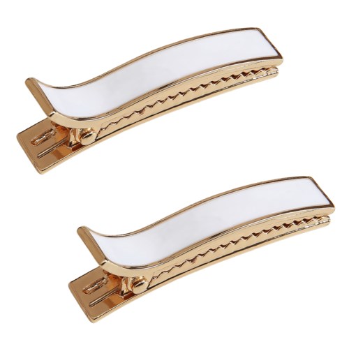 Two gold-colored hair clips with white tops are shown, curved and shiny.