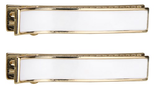 Two gold hair clips with white centers are shown, placed horizontally.