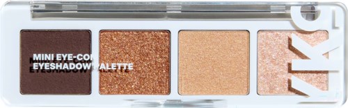Rechthoekig oogschaduwpalette met vier tinten: donkerbruin, glinsterend koper, licht beige en een glimmende rozenkleur.