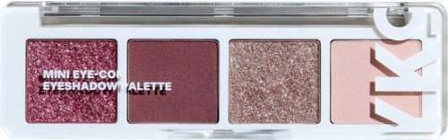 Een kleine oogschaduwpalette met vijf kleuren: roze glitter, donkerroze, goudglitter, lichtroze en roze letters die "NYX" spellen.