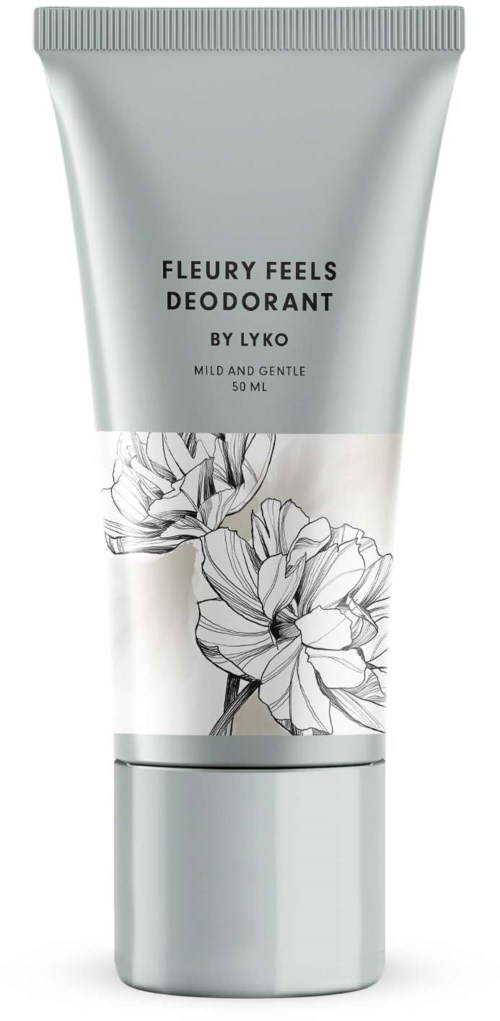 Valkoinen ja harmaa putkilot floralikuvituksella, merkki Fleury Feels Deodorant by Lyko, 50 ml, mieto ja lempeä.