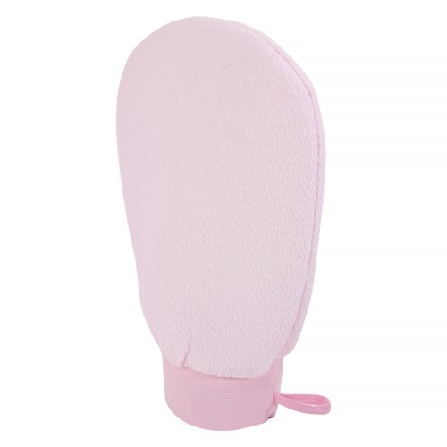 A soft pink oven mitt with a loop for hanging. It is used for handling hot items in the kitchen.
