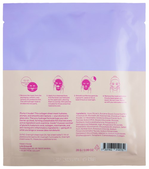 Förpackning för ett ansiktsmasker för hudvård med fyra illustrerade steg och ingredienslista.