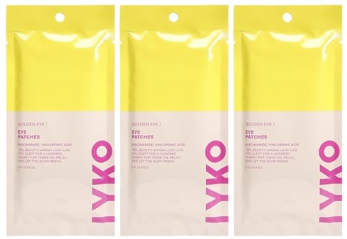 Drie verpakkingen oogpatches, geel en roze verpakking, gelabeld 'IYKO' en 'Golden Eye' met ingrediëntenlijst.