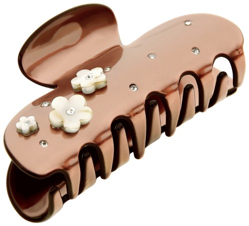 A shiny pink hair clip decorated with white flowers and small crystals.