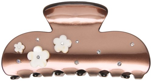 A shiny pink hair clip with white flowers and small rhinestones.