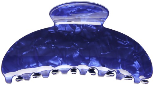 A blue hair clip with metallic loops and shell-shaped design.