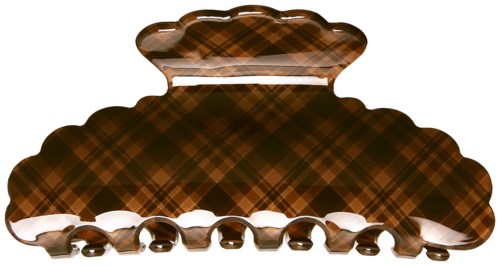 A decorative brown tart-shaped container with a plaid pattern and a scalloped edge.