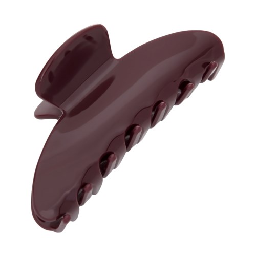 A burgundy hair clip with curved design and multiple teeth for holding hair.