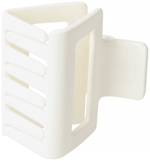 White plastic holder, likely for a toothbrush or small bathroom item, with slots and a side compartment.