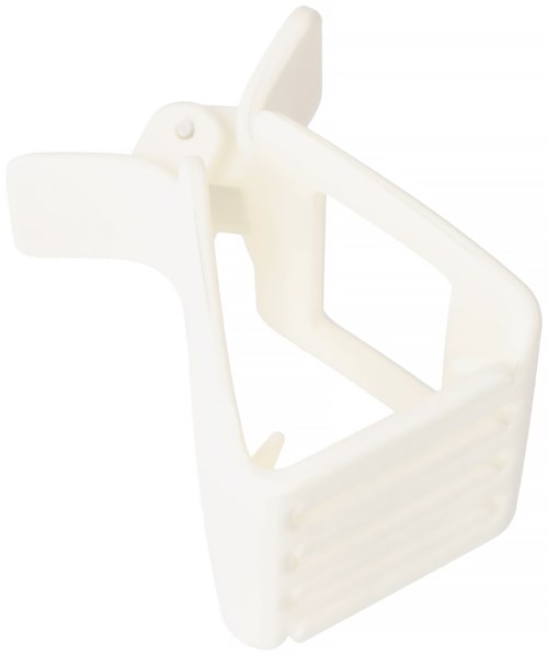 A white plastic object with a handle, blades, and a simple frame, used for slicing or chopping food.