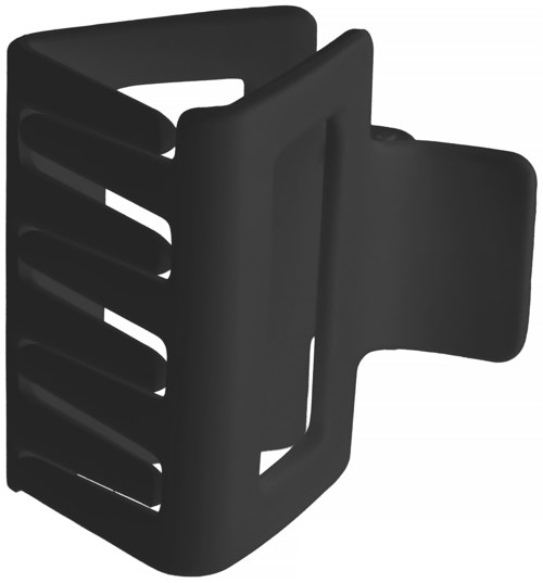 A black plastic object with horizontal slots and a protruding side. It looks like a holder or organizer.