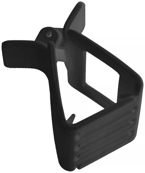 A black plastic clip with a handle, opening, and a slot for holding objects.