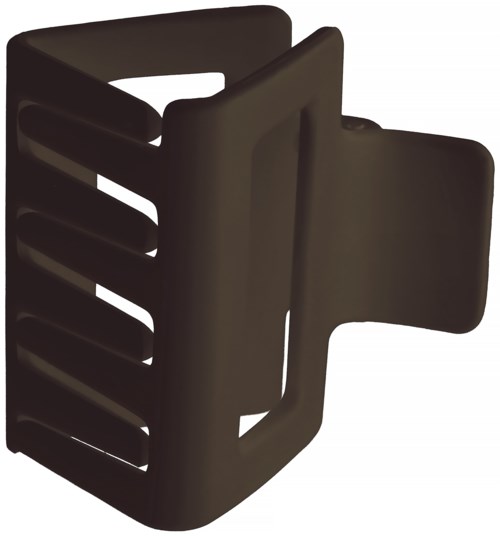 A black plastic object with multiple horizontal slots and a side arm, looks like a small holder or organizer.