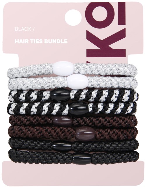 A bundle of black and grey hair ties with beads, displayed on pink packaging. The label says "BLACK / HAIR TIES BUNDLE."