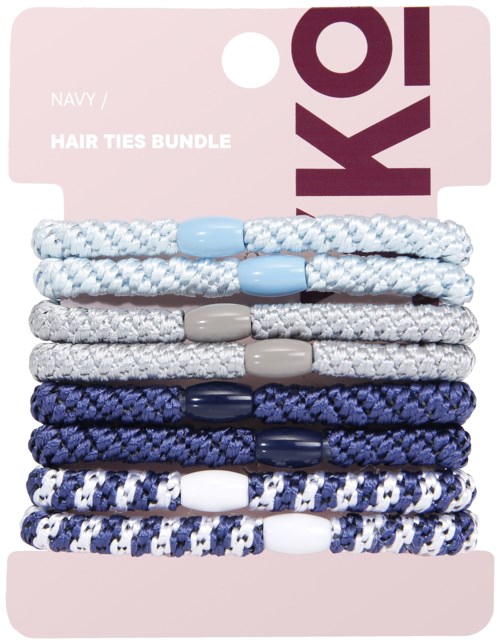 Six bundles of navy, white, gray, and blue hair ties with plastic clasps. They are on a pink card.