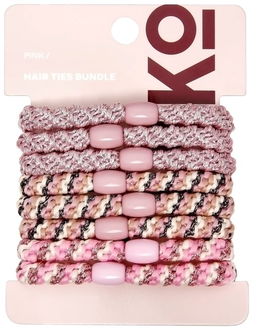 Six pink hair ties bundled on a display card, some with a textured or colorful pattern.