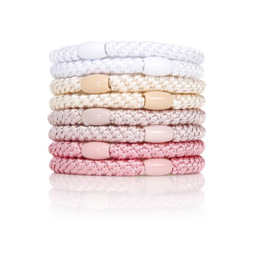 The image shows a stack of eight colorful braided hair ties in white, beige, pink, and light purple.