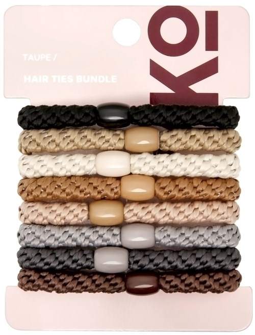 Set of eight hair ties in various colors, each with a plastic bead in the center.