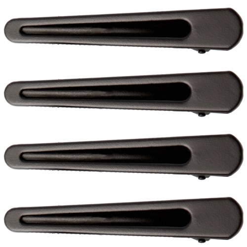 Four black hair clips arranged horizontally, with a smooth, elongated shape and a slot in the middle.
