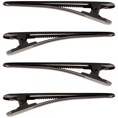 Four black hair clips, lined up horizontally, with a curved shape and ridged top surface.