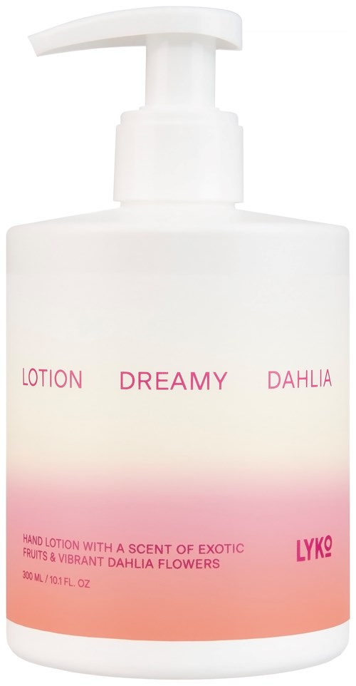 En vit pumpflaska märkt 'Dreamy Dahlia' innehåller handlotion med doft av exotiska frukter och livfulla dahlia blommor.