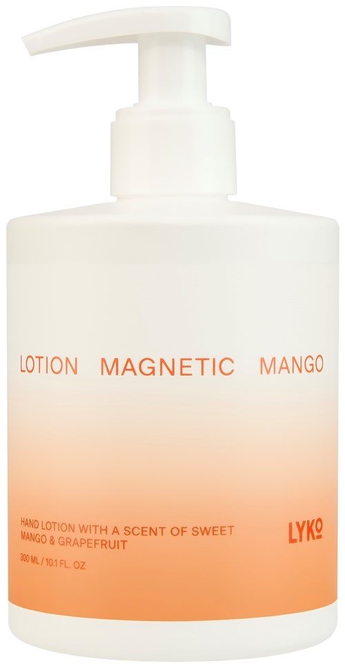 Eine weiße Flasche mit Pumpkopf enthält Mango-duftige Handlotion mit magnetischen Eigenschaften und süßen Mango- und Grapefruit-Geruch.