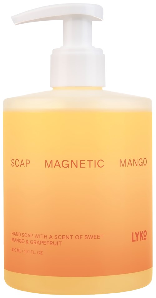 Eine beige Spenderflasche mit Mango-Duftseife und einfachem Etikett.
