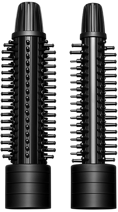 Twee zwarte cilindervormige haarstylingtools met kleine borstelharen voor het drogen of stylen van haar.