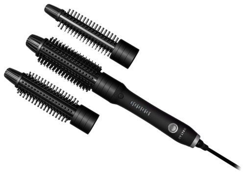 A black hair styling tool with three interchangeable brush attachments for different hair styles.
