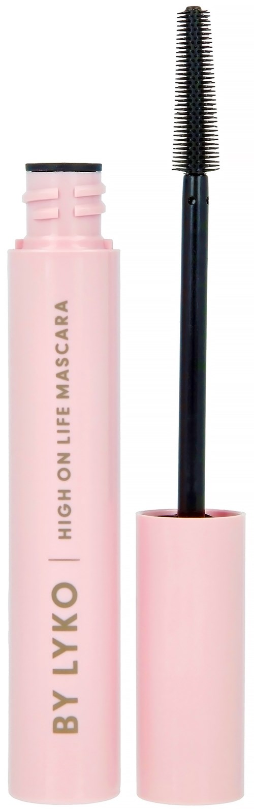 Roze mascara-flacon met borstel, gemerkt "BY LYKO HIGH ON LIFE MASCARA."