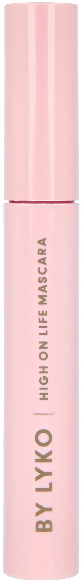 Een roze mascarobuis met de tekst 'BY LYKO HIGH ON LIFE MASCARA' op een zwarte achtergrond.
