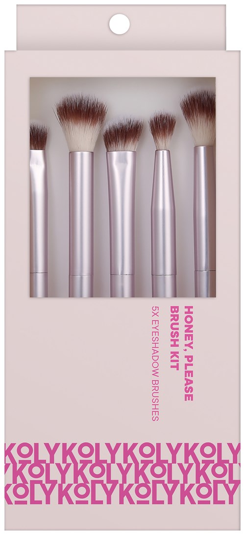 Een set van vijf make-up kwasten met zilveren handvatten in een roze doosje met 'Honey Please Brush Kit' en 'KOLY'.