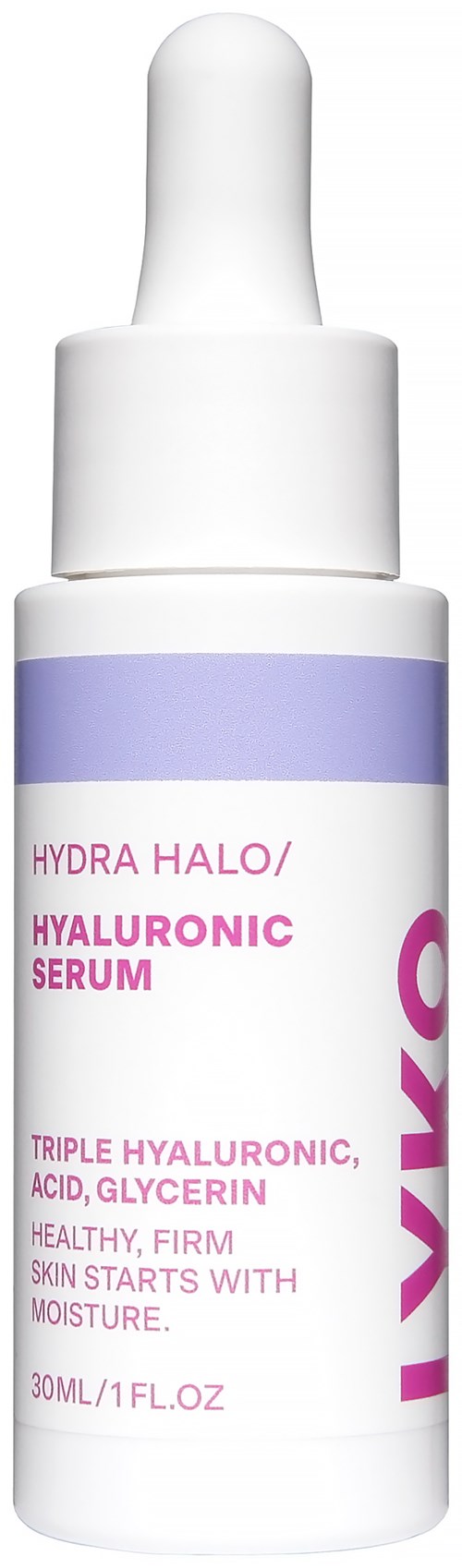 Een klein wit flesje met pipet, gelabeld hydraterende hyaluronzuur serum met blauwe en roze tekst.