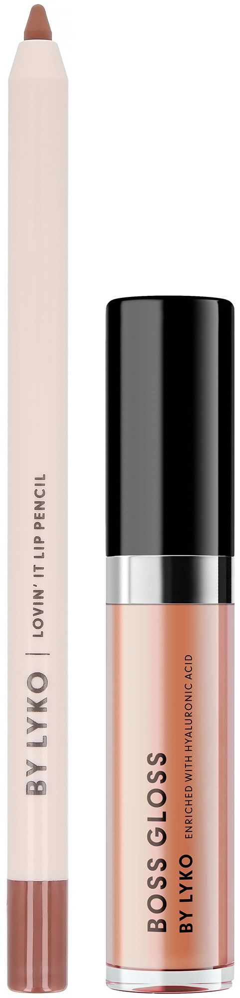 A lip gloss tube and a lip pencil, both with beige and brown shades, are shown standing upright.