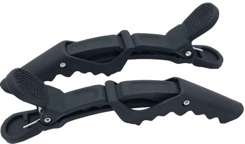 Pair of black plastic hand grips with textured handles and clips, used for exercise or fitness. Nothing else shown.