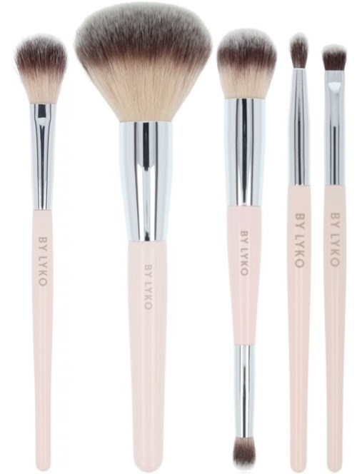Five makeup brushes of various sizes with pink handles and silver tips. They are aligned side by side.